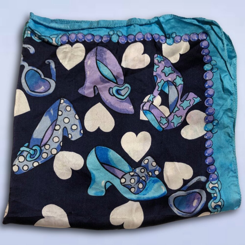 Vintage Silk Square Scarf Blue Purple Shoes Sunglasses Heart Print | 20"x21"
